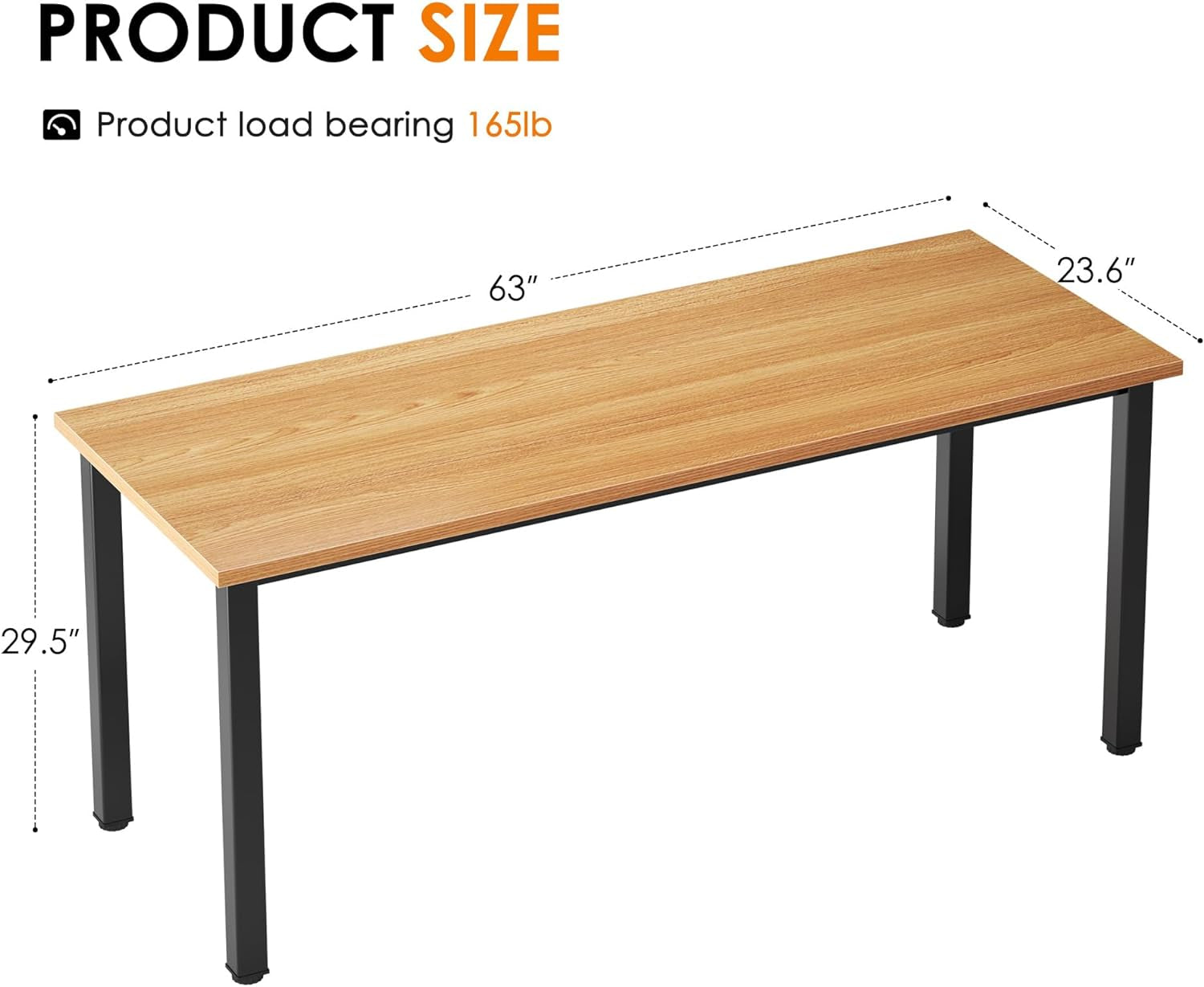 63 Inch Large Computer Desk - Modern Simple Style Home Office Gaming Desk, Basic Writing Table for Study Student, Black Metal Frame, Teak