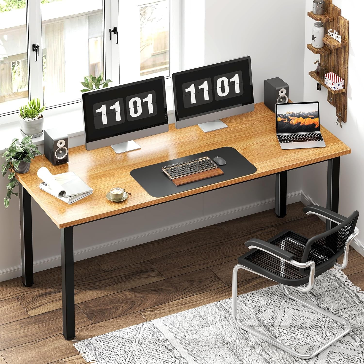 63 Inch Large Computer Desk - Modern Simple Style Home Office Gaming Desk, Basic Writing Table for Study Student, Black Metal Frame, Teak