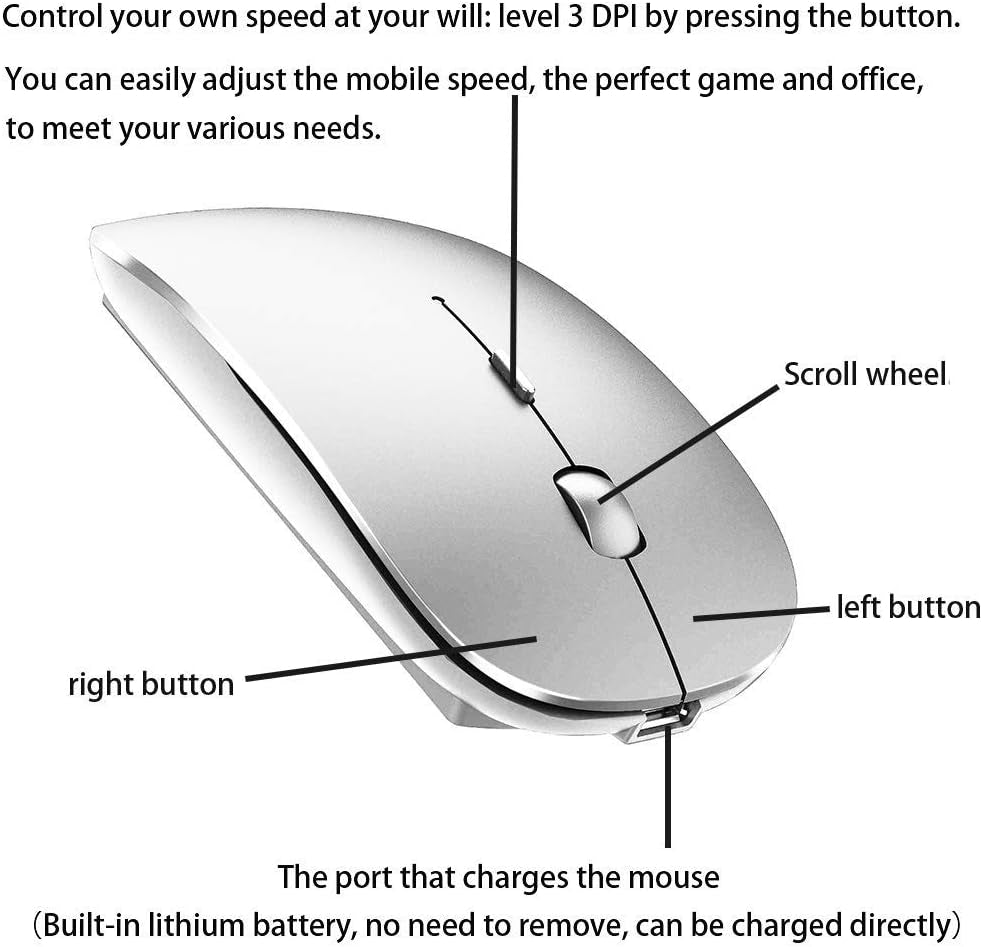 Bluetooth Wireless Mouse for Laptop Mac Macbook Ipad Macbook Air Macbook Pro Pc Desktop Computer Windows Chromebook Notebook (Silver)