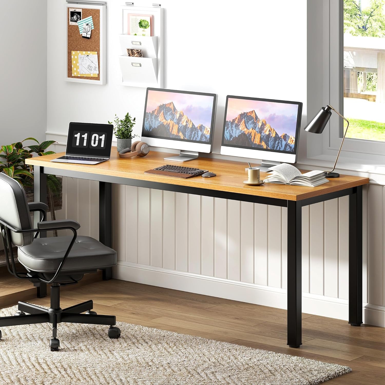 63 Inch Large Computer Desk - Modern Simple Style Home Office Gaming Desk, Basic Writing Table for Study Student, Black Metal Frame, Teak