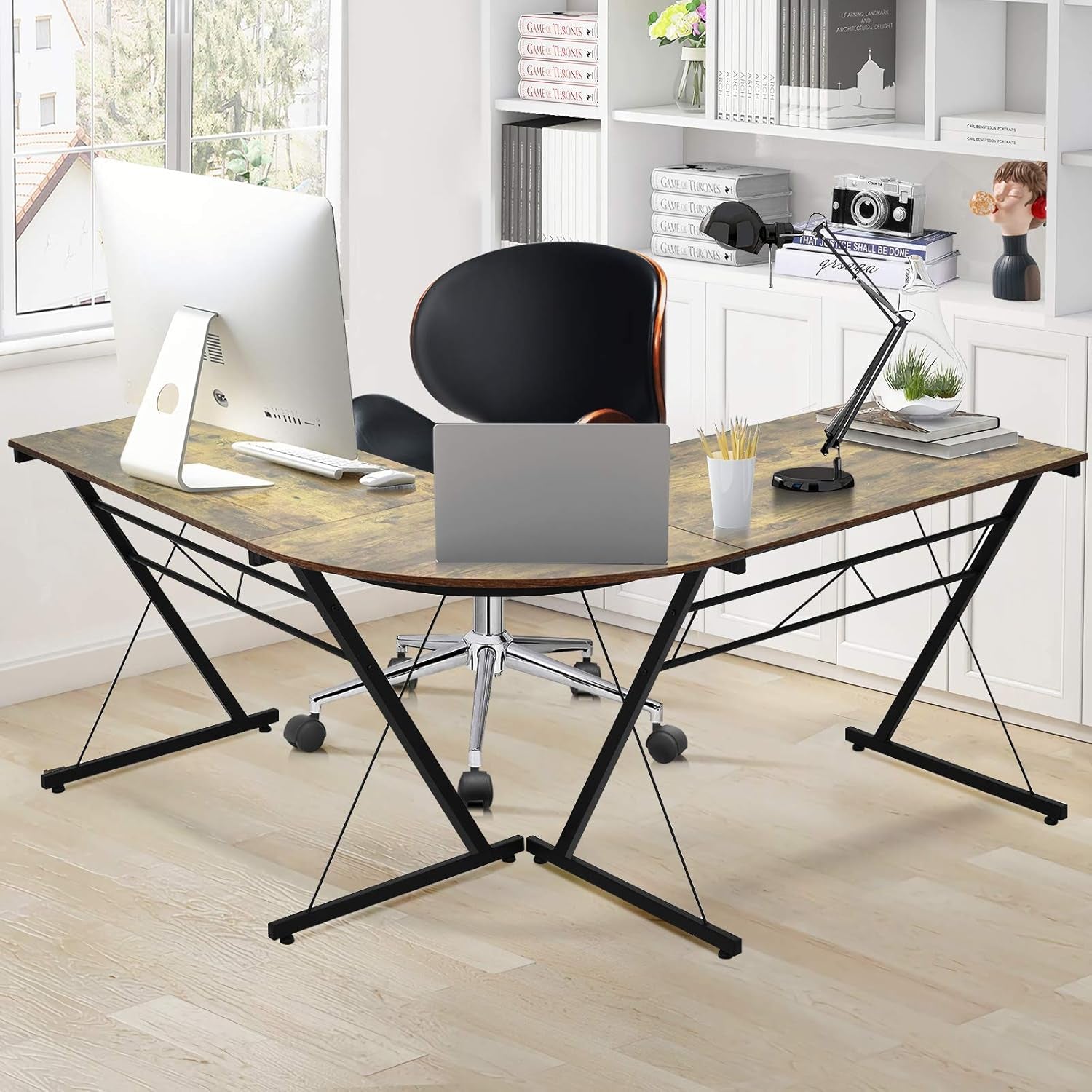 L-Shaped Desk Corner Computer Desk, Space-Saving & Multifunctional Home Office Desk Writing Workstation Study Desk with round Corner (Rustic Brown)