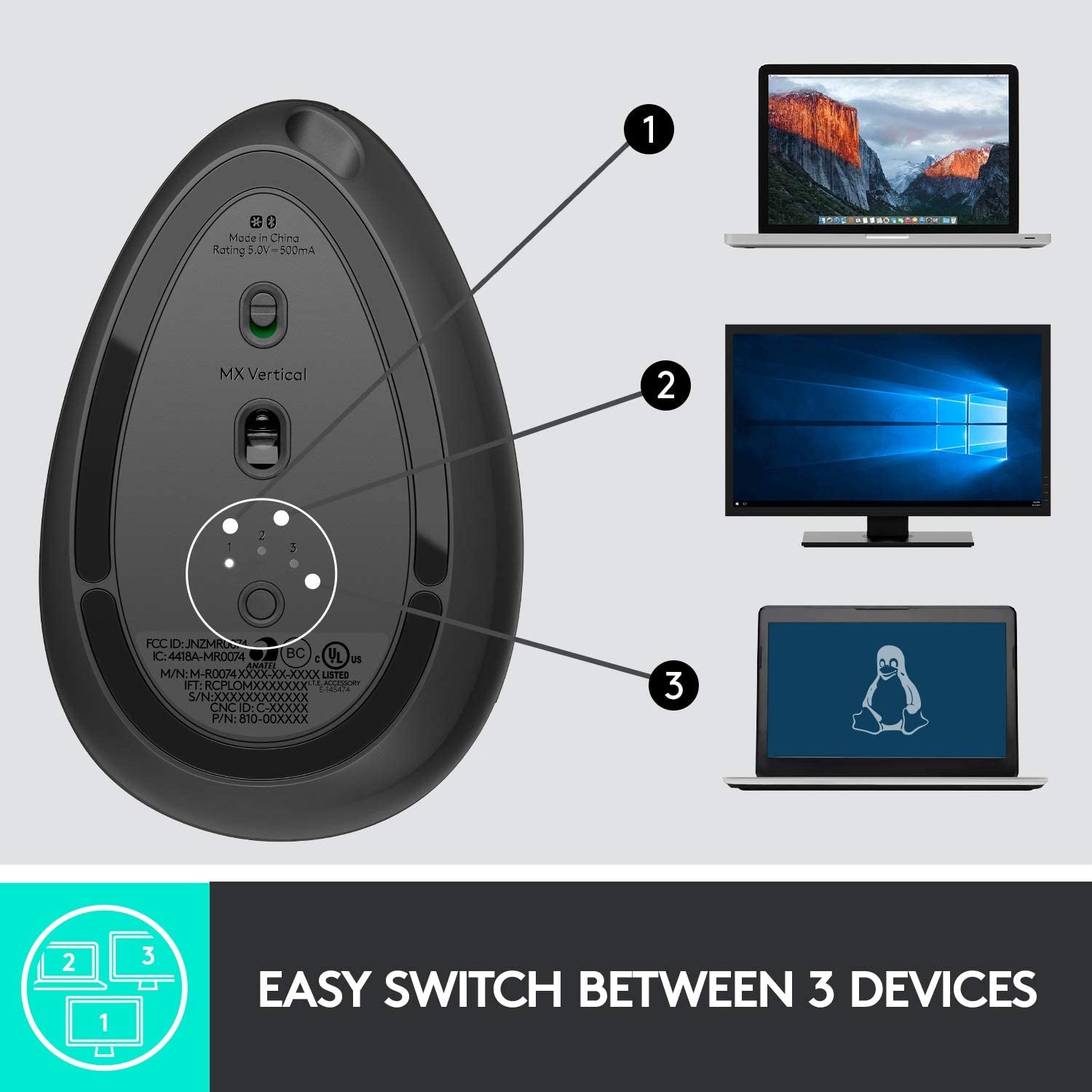 MX Vertical Wireless Mouse – Ergonomic Design Reduces Muscle Strain, Move Content between 3 Windows and Apple Computers, Rechargeable, Graphite