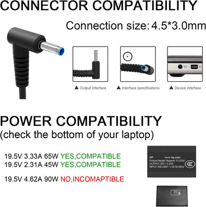 Charger for HP Laptop Computer 65W 45W Smart Blue Tip Power Adapter