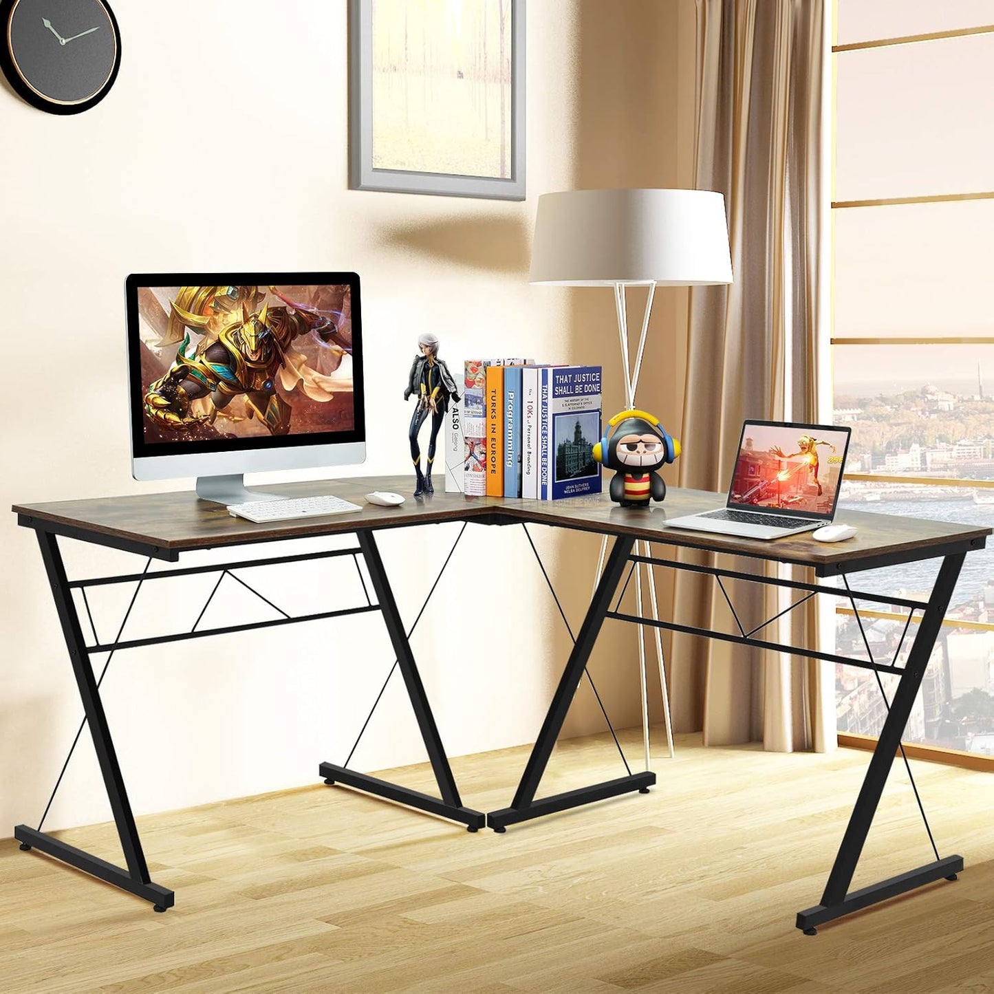 L-Shaped Desk Corner Computer Desk, Space-Saving & Multifunctional Home Office Desk Writing Workstation Study Desk with round Corner (Rustic Brown)