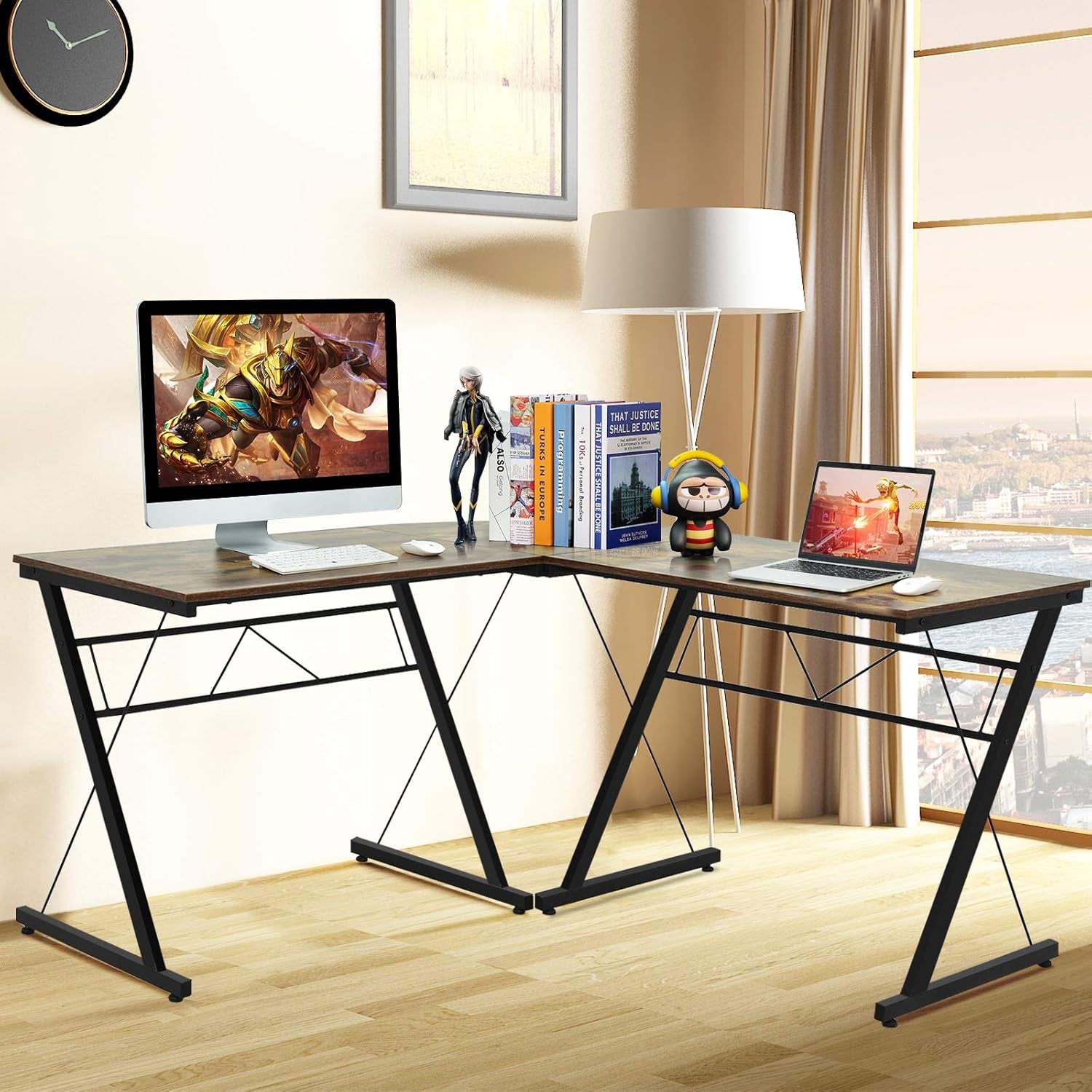 L-Shaped Desk Corner Computer Desk, Space-Saving & Multifunctional Home Office Desk Writing Workstation Study Desk with round Corner (Rustic Brown)