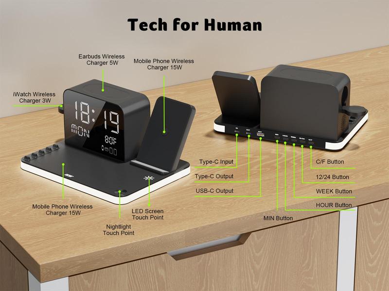 7 in 1 Wireless Charging Station with LED Night Light (Black) + Free Cable Organizer Clips