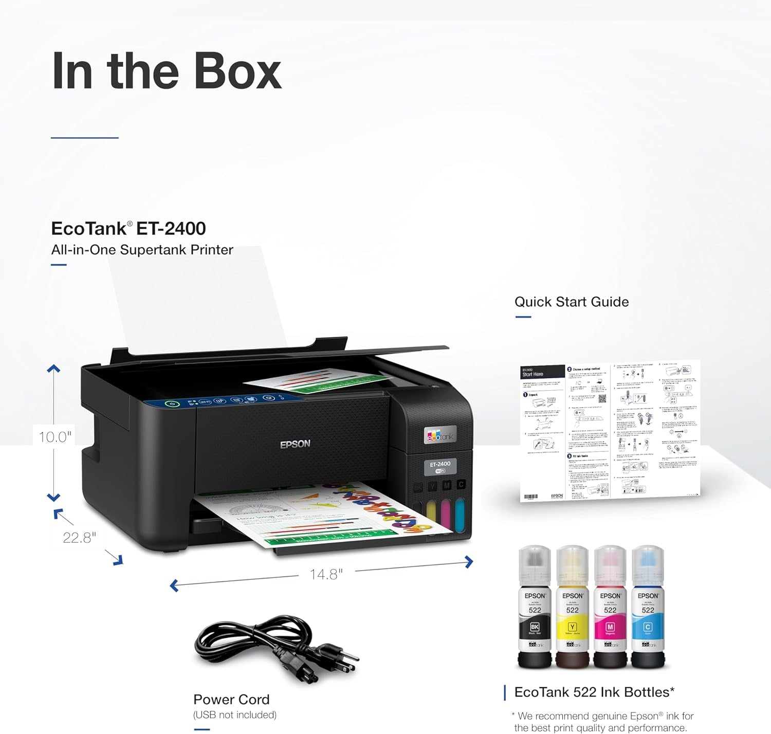 Ecotank ET-2400 Wireless Color All-In-One Cartridge-Free Supertank Printer with Scan and Copy – Easy, Everyday Home Printing, Black