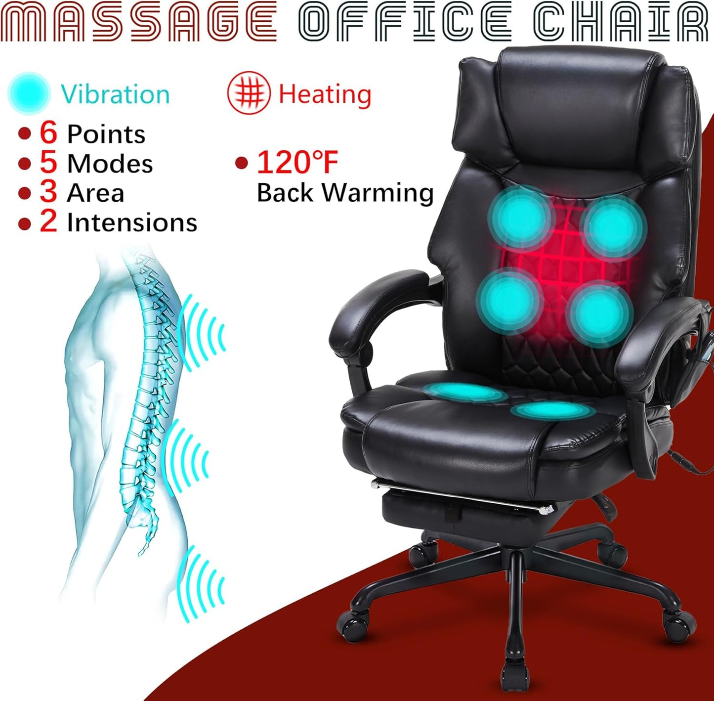 Massage Office Chair with Foot Rest 6 Points Vibration and Heat Home Office Desk Chairs for Heavy People 400Lbs Reclining Managerial Chairs Ergonomic Executive Chair (Black)