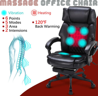 Massage Office Chair with Foot Rest 6 Points Vibration and Heat Home Office Desk Chairs for Heavy People 400Lbs Reclining Managerial Chairs Ergonomic Executive Chair (Black)