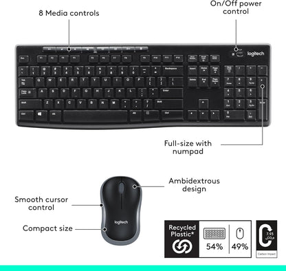 MK270 Wireless Keyboard and Mouse Combo for Windows, 2.4 Ghz Wireless, Compact Mouse, 8 Multimedia and Shortcut Keys, for PC, Laptop - Black