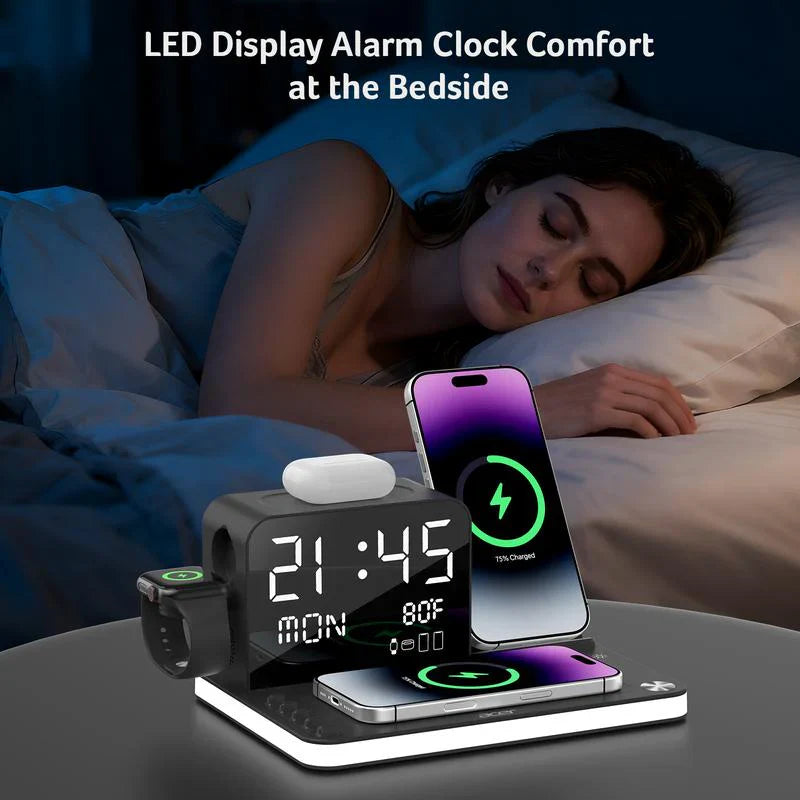 7 in 1 Wireless Charging Station with LED Night Light (Black) + Free Cable Organizer Clips