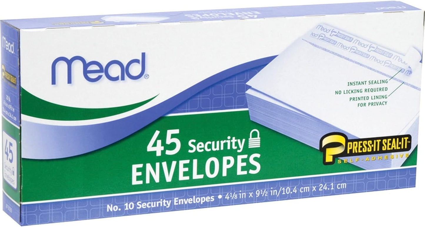 #10 Envelopes, Security Printed Lining for Privacy, Press-It Seal-It Self Adhesive Closure, All-Purpose 20-Lb Paper, 4-1/8" X 9-1/2", White, 45 per Box (75026)