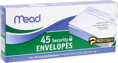 #10 Envelopes, Security Printed Lining for Privacy, Press-It Seal-It Self Adhesive Closure, All-Purpose 20-Lb Paper, 4-1/8" X 9-1/2", White, 45 per Box (75026)