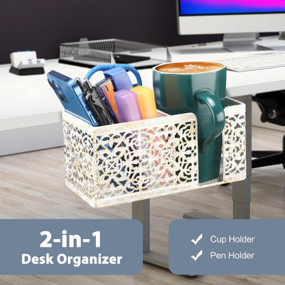 Desk Organizer with Clip, Cup, Pencil, Phone Holders & Beverage Storage for Office, School, Home