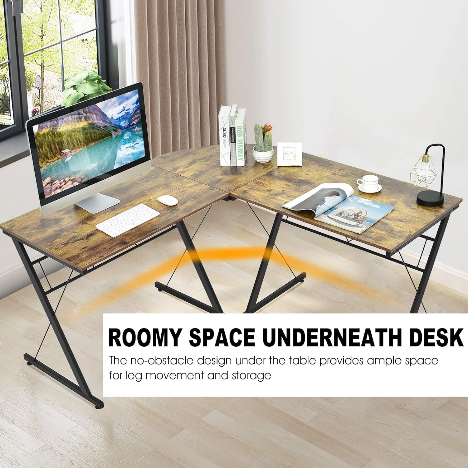 L-Shaped Desk Corner Computer Desk, Space-Saving & Multifunctional Home Office Desk Writing Workstation Study Desk with round Corner (Rustic Brown)