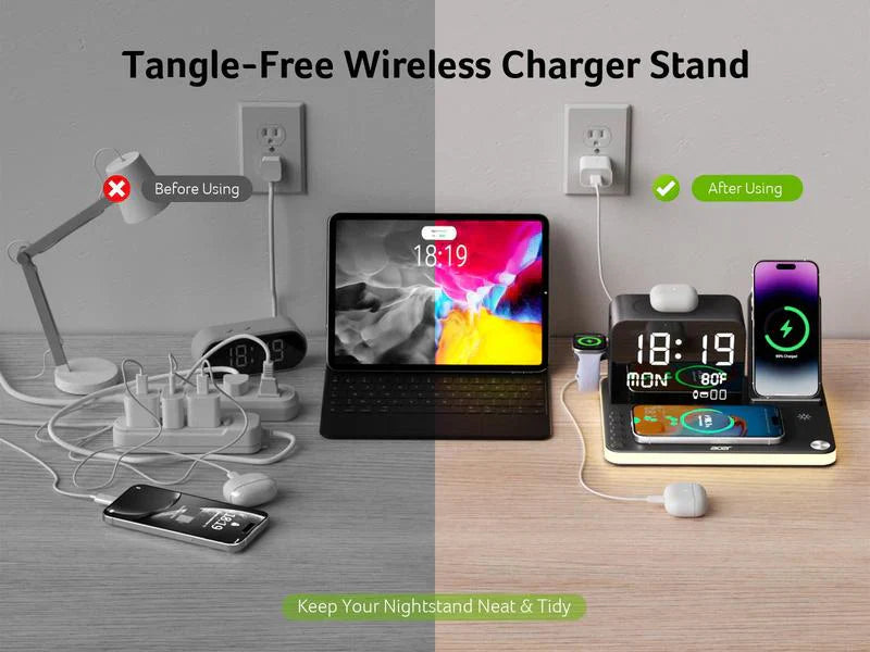 7 in 1 Wireless Charging Station with LED Night Light (Black) + Free Cable Organizer Clips