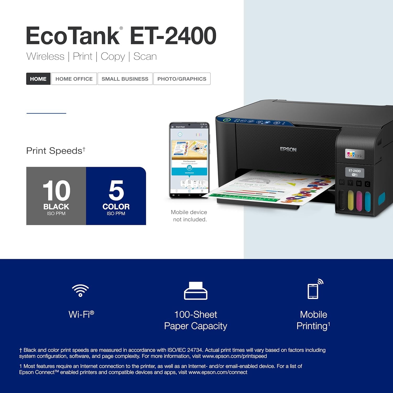 Ecotank ET-2400 Wireless Color All-In-One Cartridge-Free Supertank Printer with Scan and Copy – Easy, Everyday Home Printing, Black