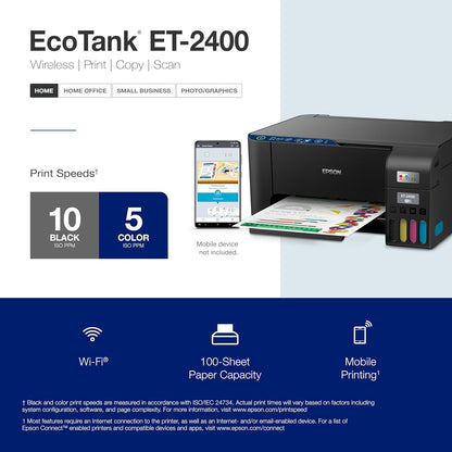 Ecotank ET-2400 Wireless Color All-In-One Cartridge-Free Supertank Printer with Scan and Copy – Easy, Everyday Home Printing, Black