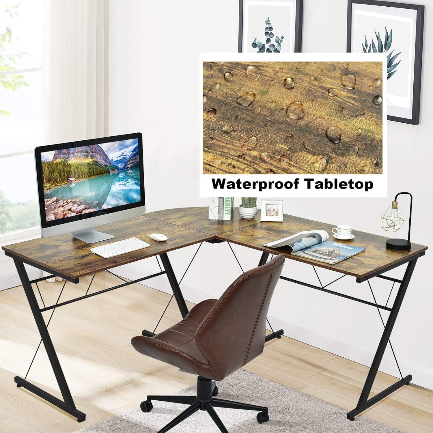 L-Shaped Desk Corner Computer Desk, Space-Saving & Multifunctional Home Office Desk Writing Workstation Study Desk with round Corner (Rustic Brown)