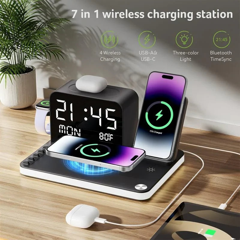 7 in 1 Wireless Charging Station with LED Night Light (Black) + Free Cable Organizer Clips