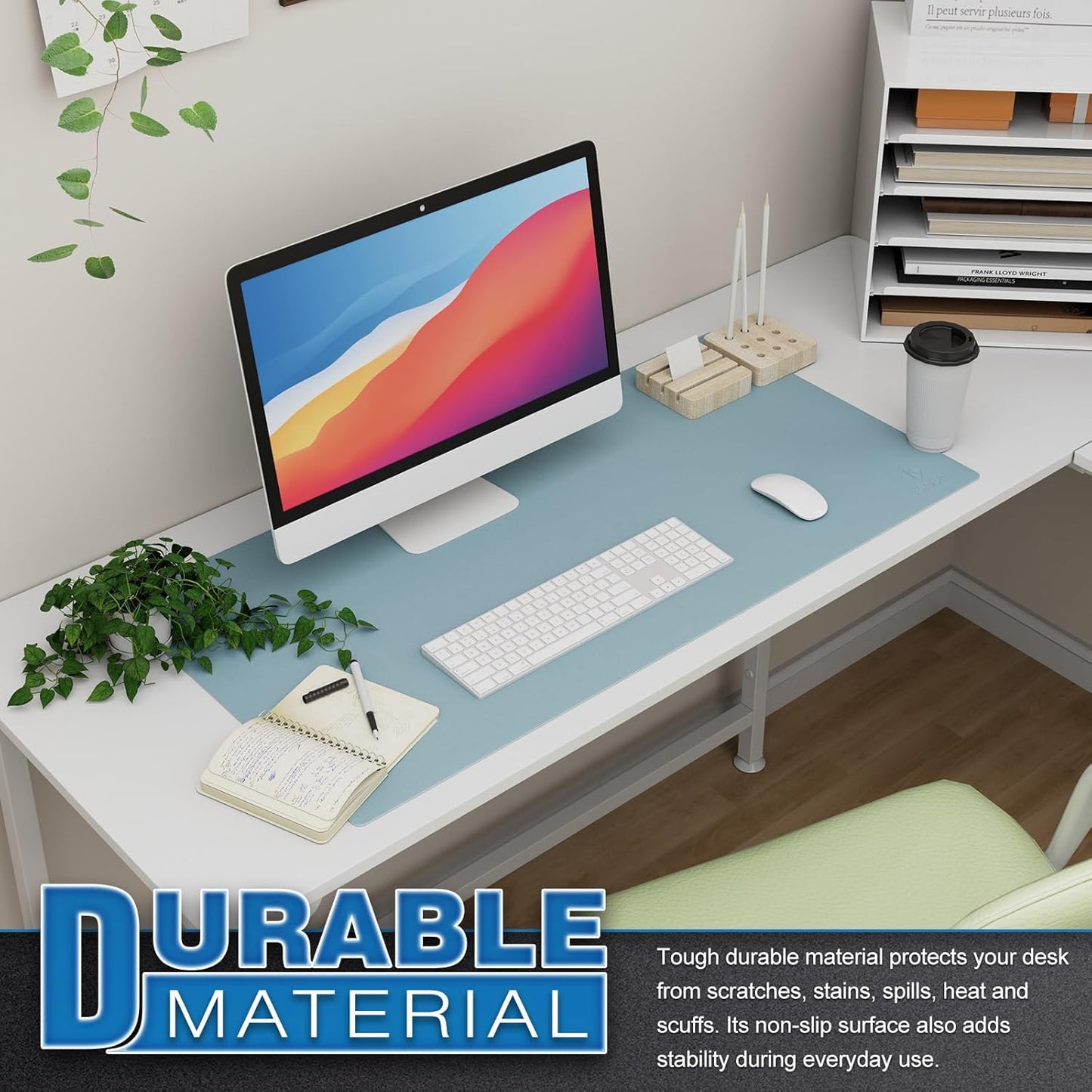 Large Office Leather Desk Mat, Mouse and Keyboard Pad, Computer and Laptop Mat, Desktop Protector and Cover, Writing Pad and Blotter (31.5"X15.7", Light Blue)