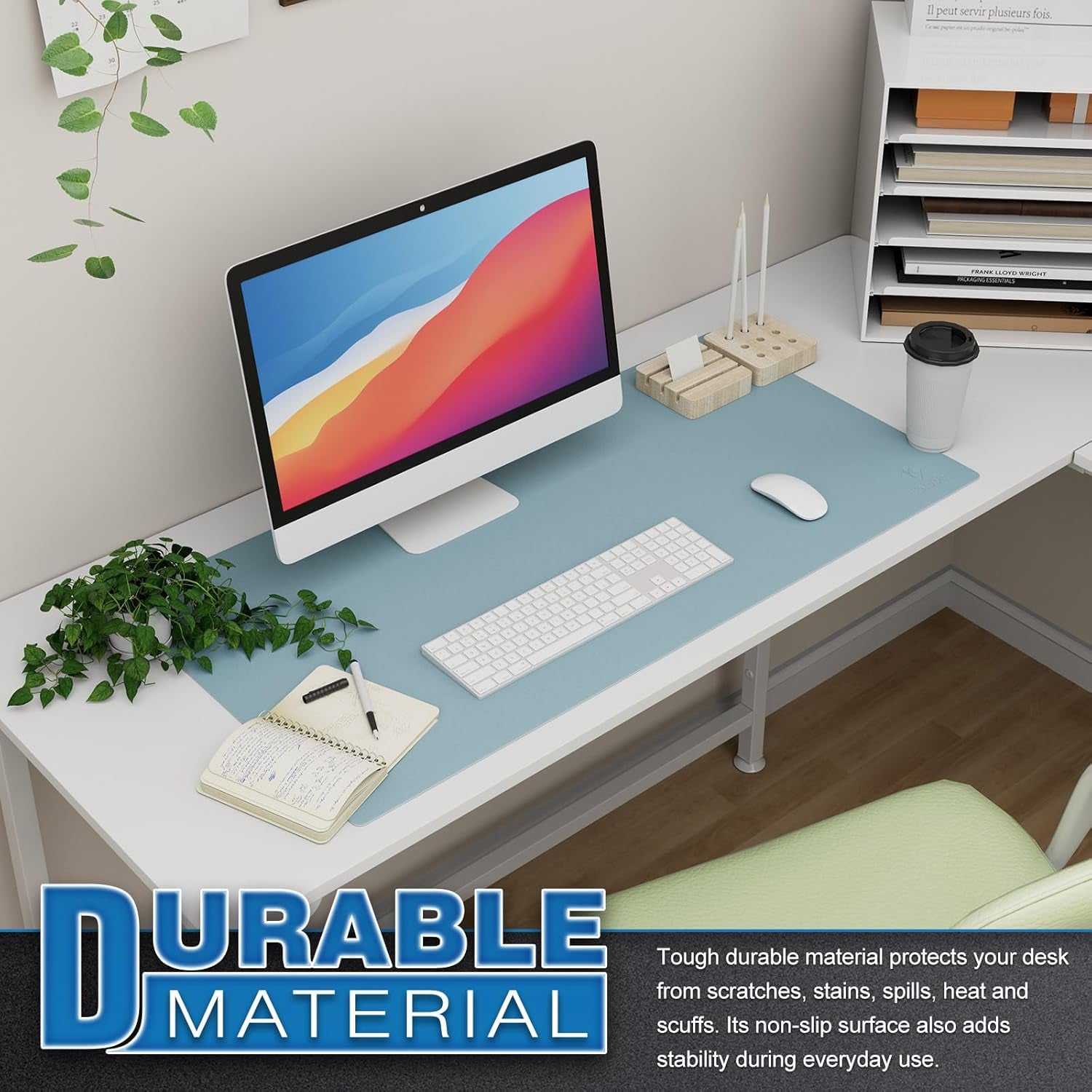 Large Office Leather Desk Mat, Mouse and Keyboard Pad, Computer and Laptop Mat, Desktop Protector and Cover, Writing Pad and Blotter (31.5"X15.7", Light Blue)