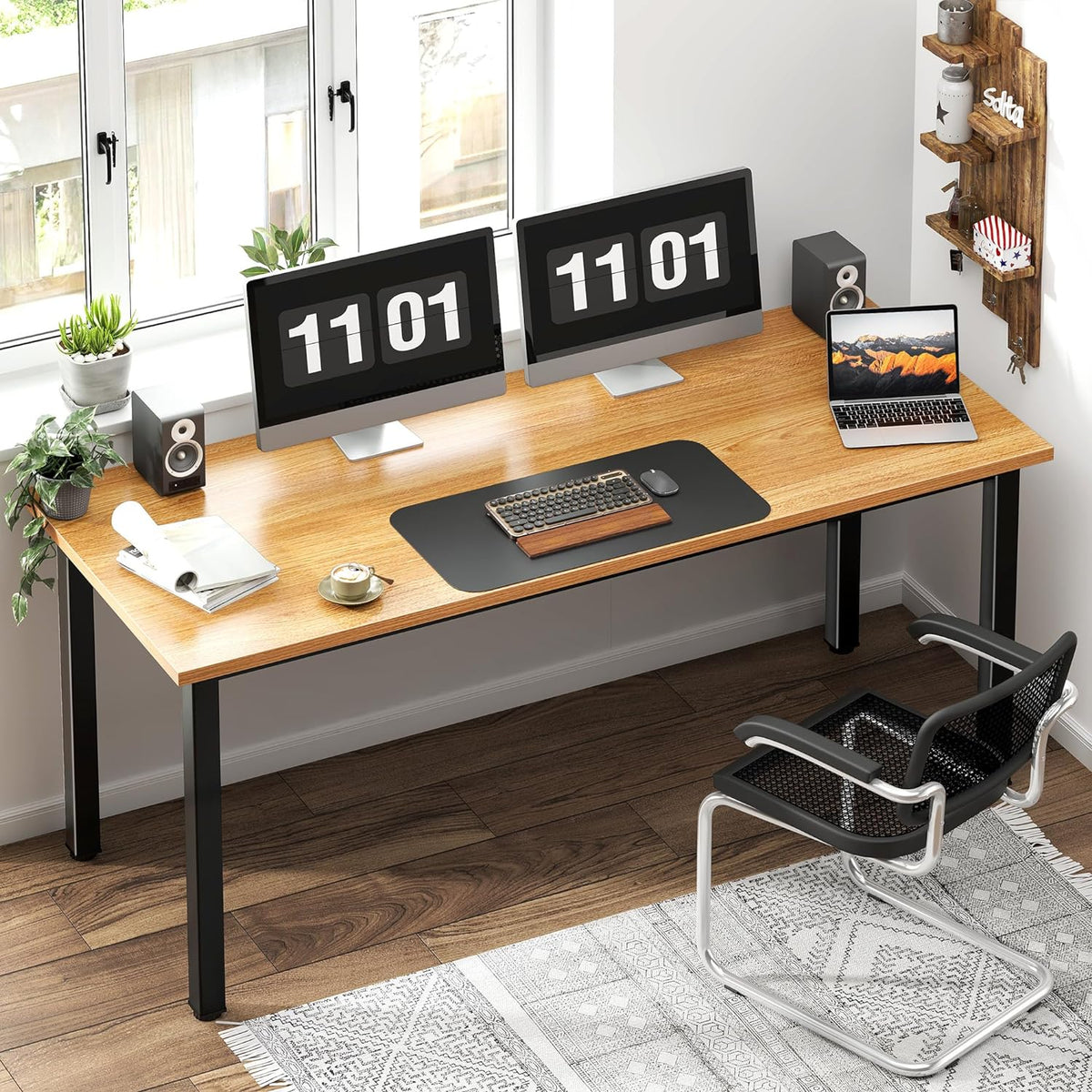63 Inch Large Computer Desk - Modern Simple Style Home Office Gaming Desk, Basic Writing Table for Study Student, Black Metal Frame, Teak