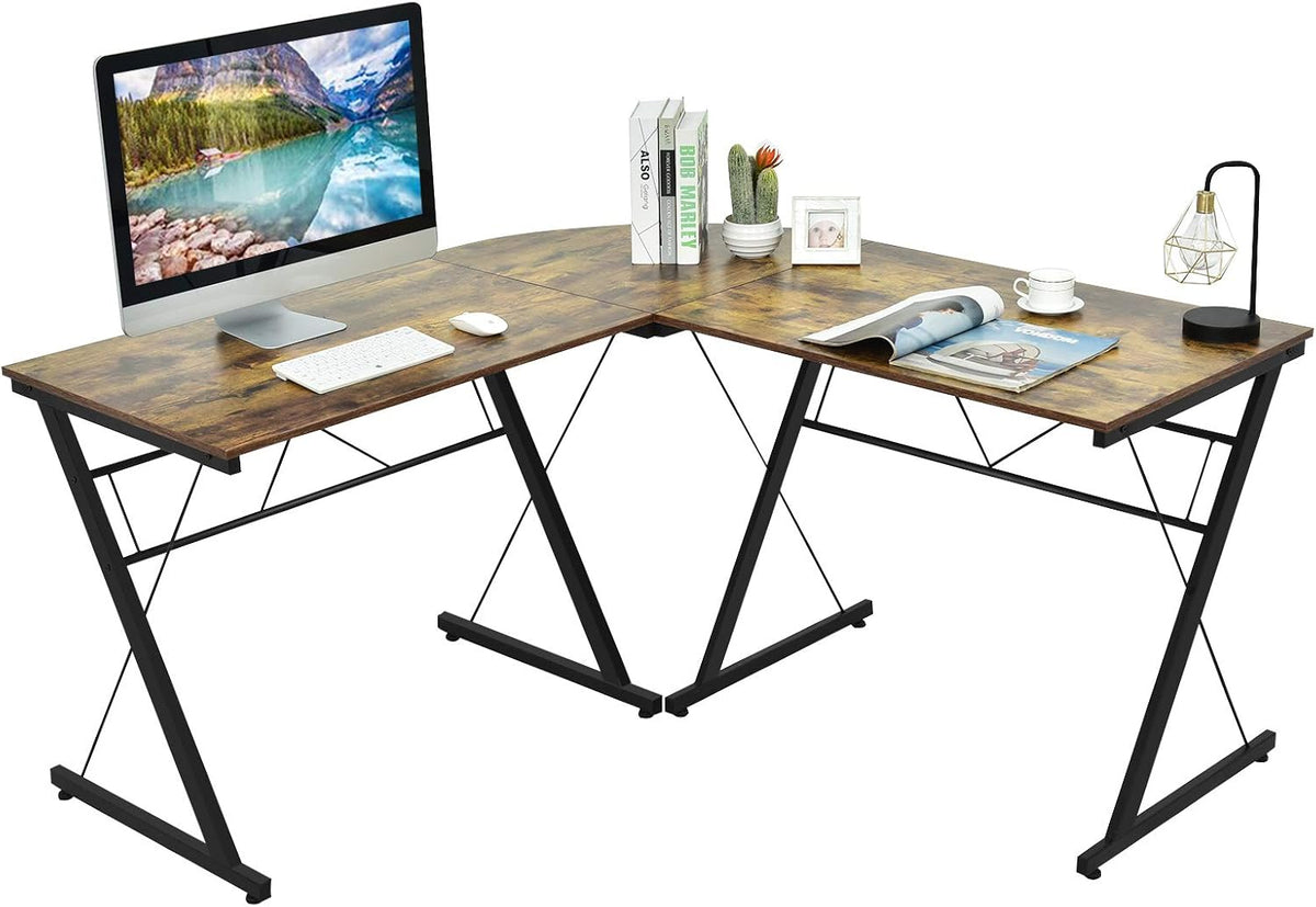 L-Shaped Desk Corner Computer Desk, Space-Saving & Multifunctional Home Office Desk Writing Workstation Study Desk with round Corner (Rustic Brown)