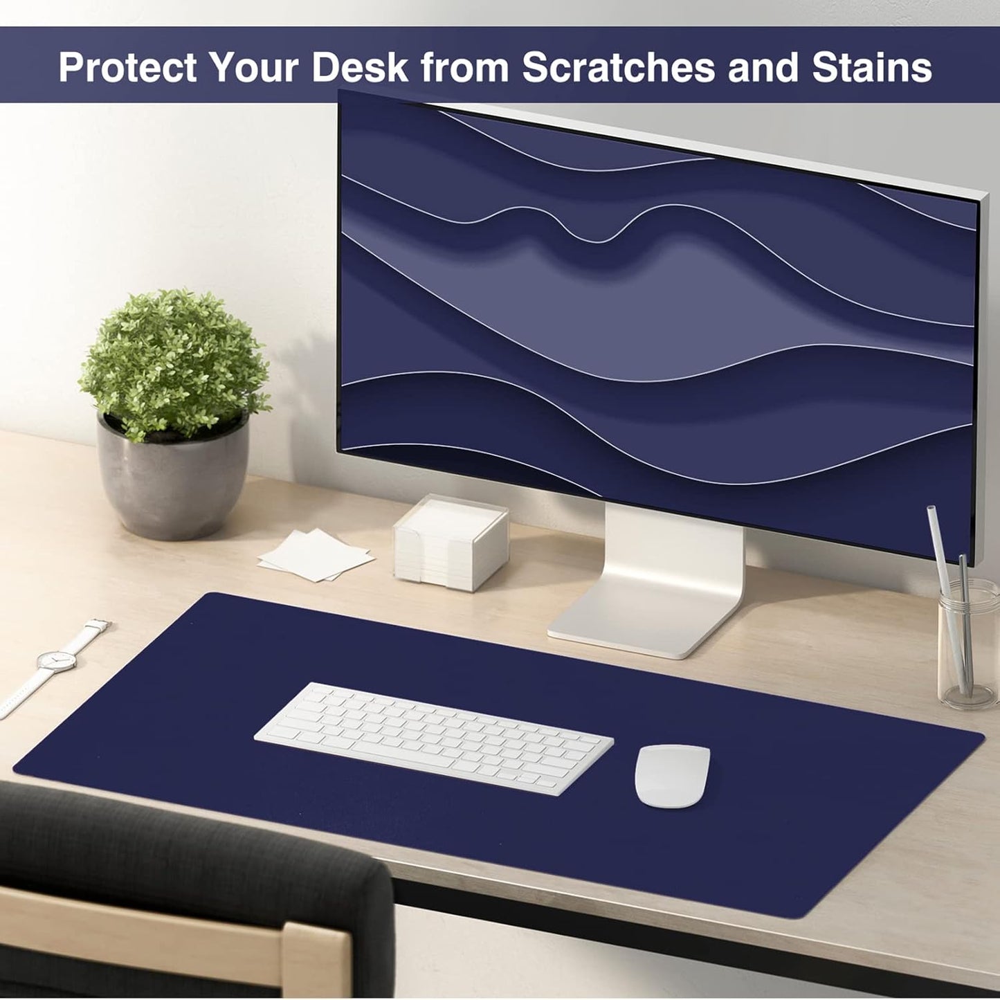 Dual Sided Desk Pad, Large Desk Mat, Waterproof Desk Blotter Protector Mouse Pad, Leather Desk Pad Large for Keyboard and Mouse (36" X 17", Dark Blue/Yellow)
