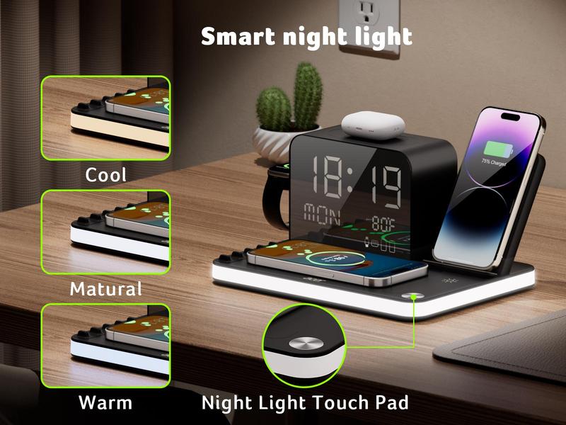 7 in 1 Wireless Charging Station with LED Night Light (Black) + Free Cable Organizer Clips