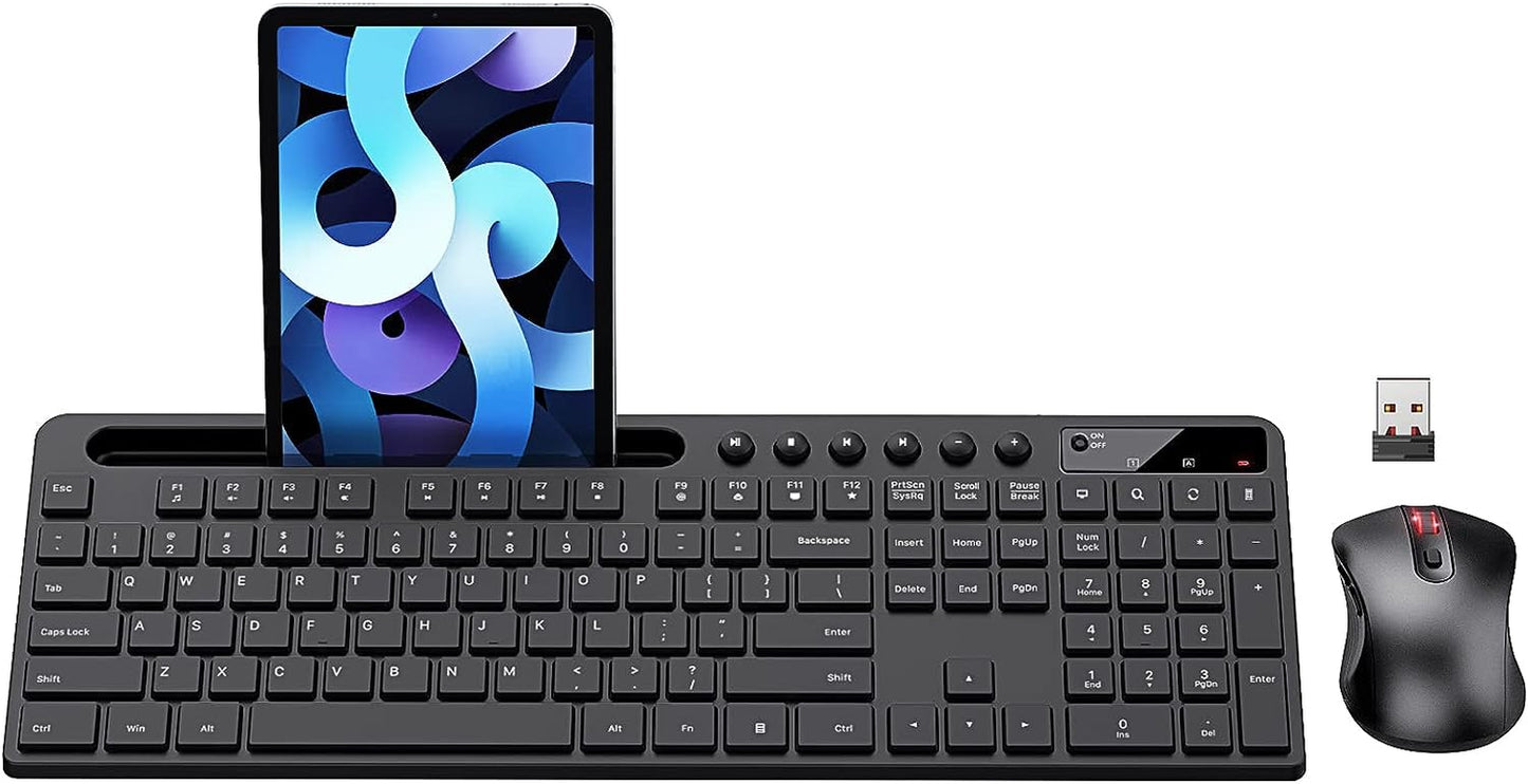 Wireless Keyboard and Mouse Combo,  2.4G Ergonomic Wireless Computer Keyboard with Phone Tablet Holder, Silent Mouse with 6 Button, Compatible with Macbook, Windows (Black)