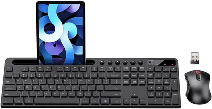 Wireless Keyboard and Mouse Combo,  2.4G Ergonomic Wireless Computer Keyboard with Phone Tablet Holder, Silent Mouse with 6 Button, Compatible with Macbook, Windows (Black)