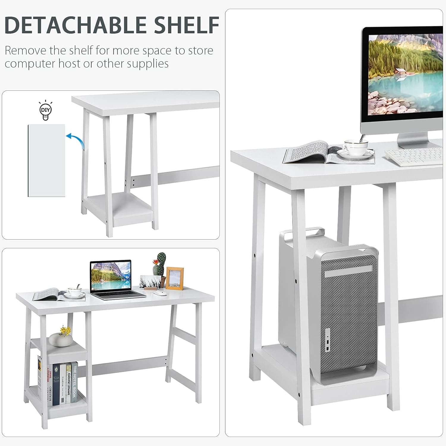 White Desk with Shelves, Modern Trestle Desk Home Office Desk with Storage Shelf, Space Saving Study Writing Desk, Desk for Bedroom