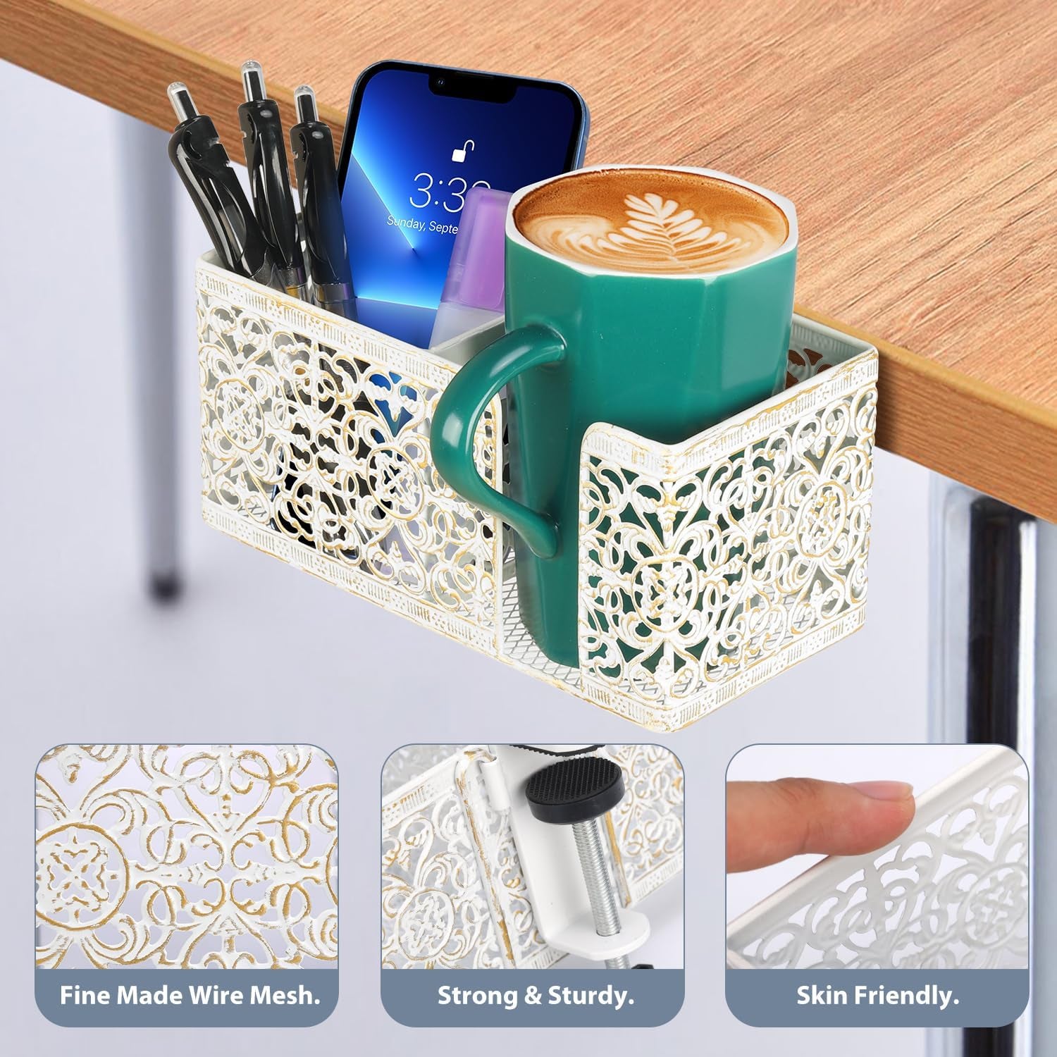 Desk Organizer with Clip, Cup, Pencil, Phone Holders & Beverage Storage for Office, School, Home