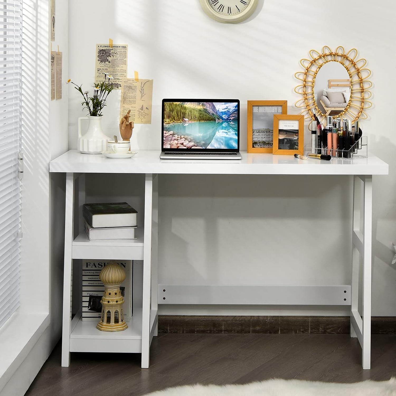 White Desk with Shelves, Modern Trestle Desk Home Office Desk with Storage Shelf, Space Saving Study Writing Desk, Desk for Bedroom