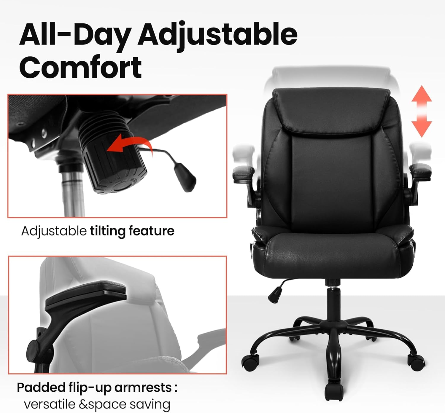Office Chair Adjustable Desk Chair Mid Back Executive Comfortable PU Leather Ergonomic Gaming Back Support Home Computer with Flip-Up Armrest Swivel Wheels (Jet Black)