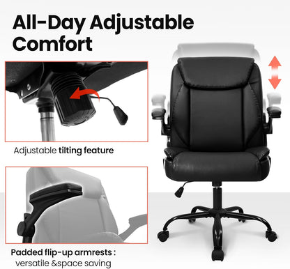 Office Chair Adjustable Desk Chair Mid Back Executive Comfortable PU Leather Ergonomic Gaming Back Support Home Computer with Flip-Up Armrest Swivel Wheels (Jet Black)