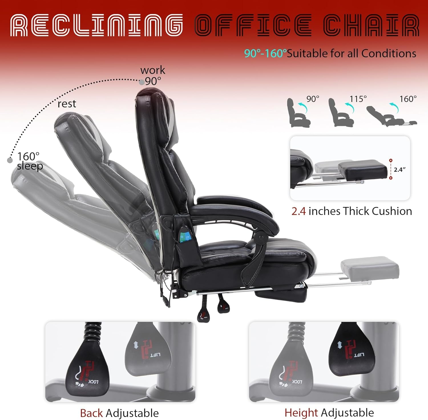 Massage Office Chair with Foot Rest 6 Points Vibration and Heat Home Office Desk Chairs for Heavy People 400Lbs Reclining Managerial Chairs Ergonomic Executive Chair (Black)