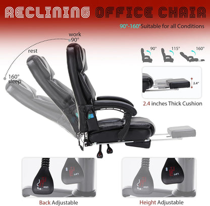 Massage Office Chair with Foot Rest 6 Points Vibration and Heat Home Office Desk Chairs for Heavy People 400Lbs Reclining Managerial Chairs Ergonomic Executive Chair (Black)