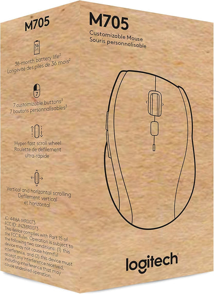 M705 Marathon Wireless Mouse, 2.4 Ghz USB Unifying Receiver, 1000 DPI, 5-Programmable Buttons, 3-Year Battery, Compatible with PC, Mac, Laptop, Chromebook - Black