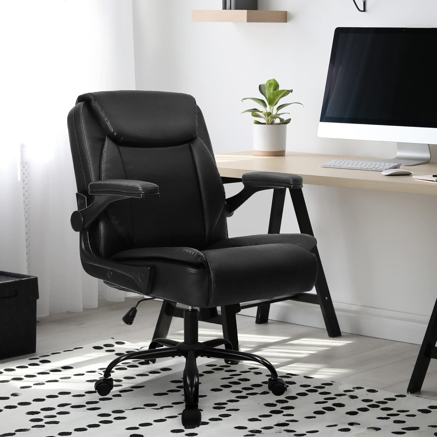 Office Chair Adjustable Desk Chair Mid Back Executive Comfortable PU Leather Ergonomic Gaming Back Support Home Computer with Flip-Up Armrest Swivel Wheels (Jet Black)