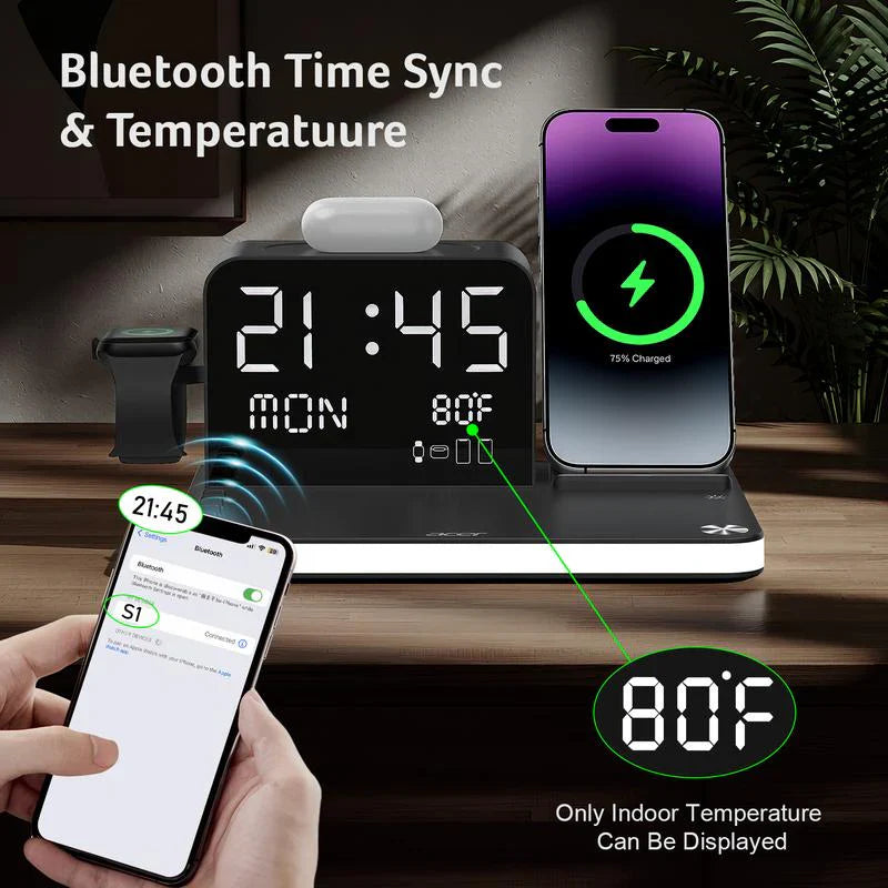 7 in 1 Wireless Charging Station with LED Night Light (Black) + Free Cable Organizer Clips