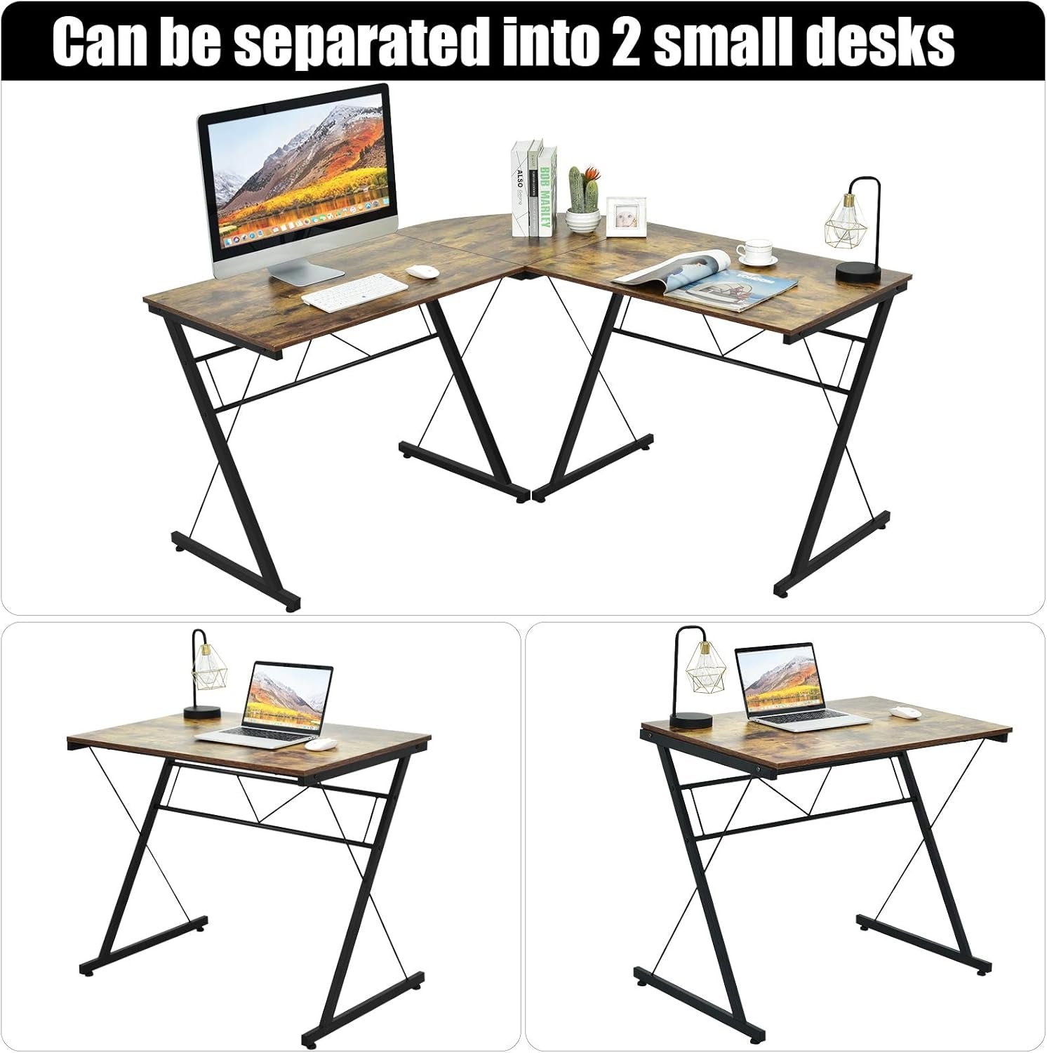 L-Shaped Desk Corner Computer Desk, Space-Saving & Multifunctional Home Office Desk Writing Workstation Study Desk with round Corner (Rustic Brown)