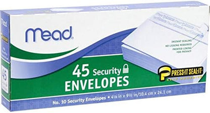 #10 Envelopes, Security Printed Lining for Privacy, Press-It Seal-It Self Adhesive Closure, All-Purpose 20-Lb Paper, 4-1/8" X 9-1/2", White, 45 per Box (75026)