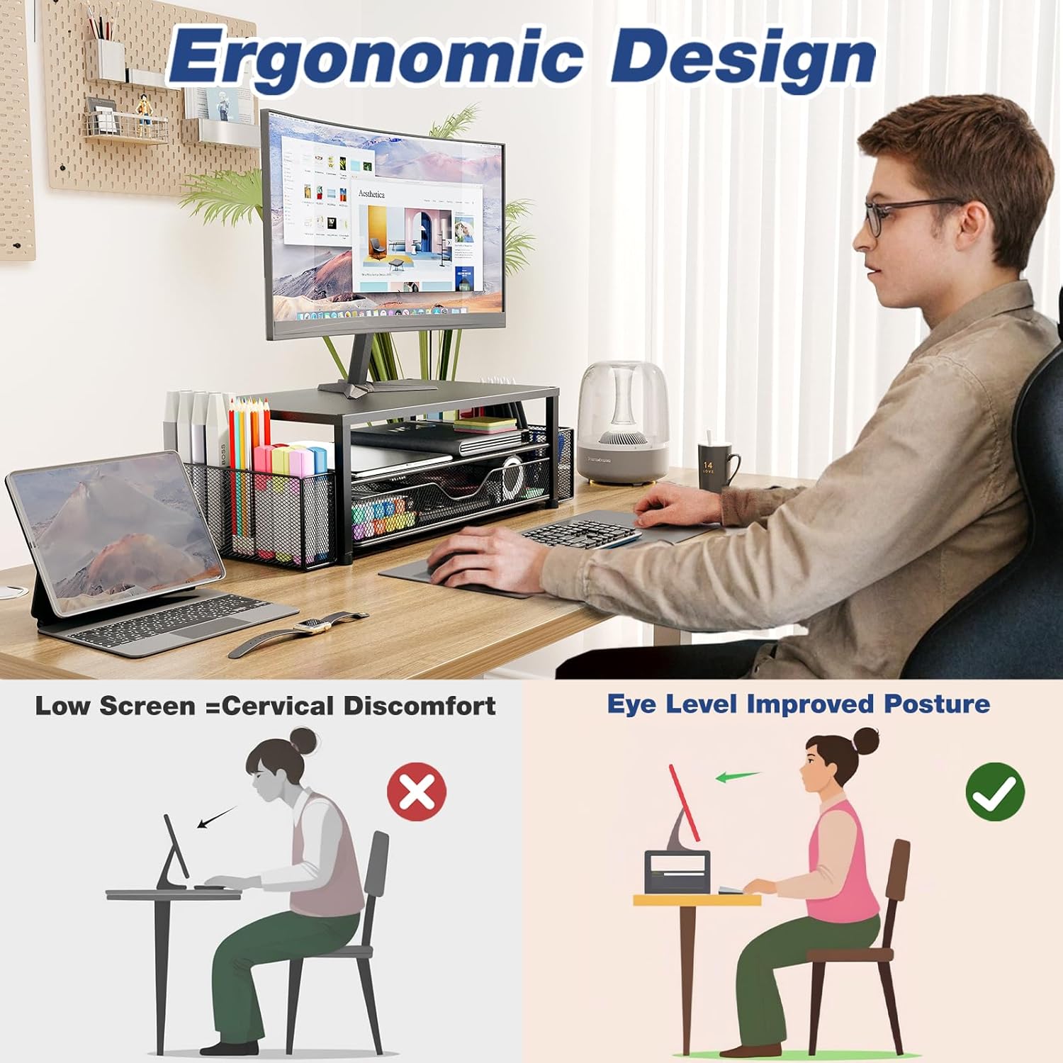 Dual-Tier Monitor Stand with Drawer & 2 Pen Holders 
