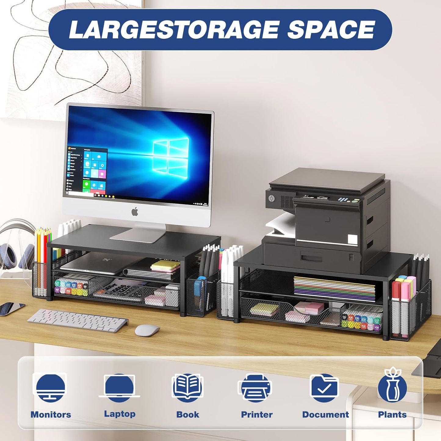Dual-Tier Monitor Stand with Drawer & 2 Pen Holders 