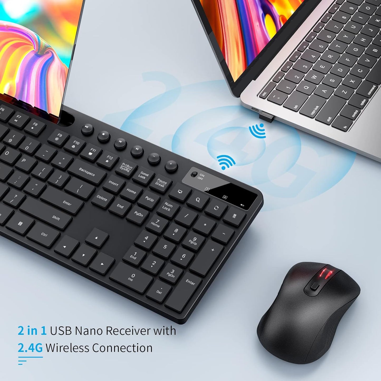 Wireless Keyboard and Mouse Combo,  2.4G Ergonomic Wireless Computer Keyboard with Phone Tablet Holder, Silent Mouse with 6 Button, Compatible with Macbook, Windows (Black)