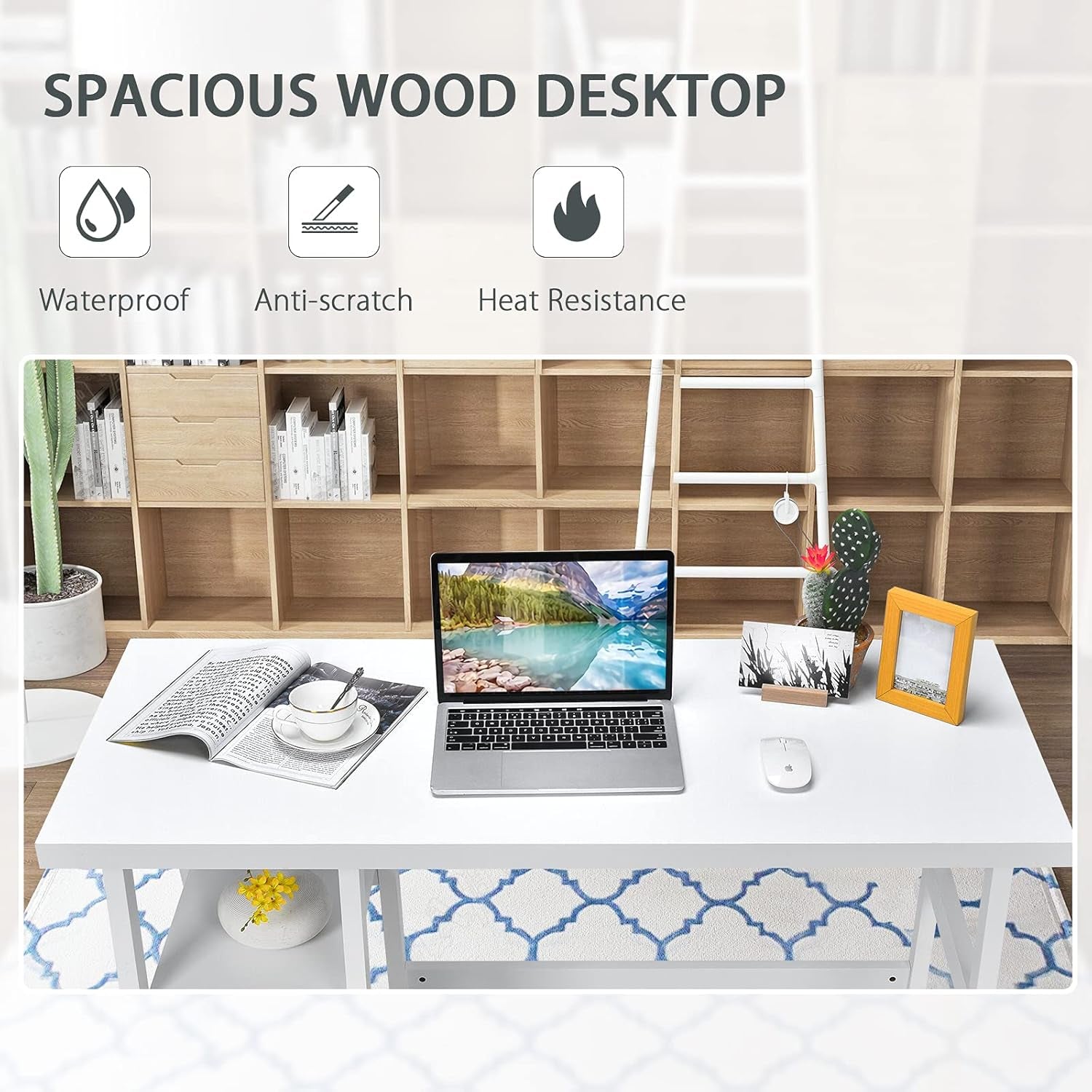 White Desk with Shelves, Modern Trestle Desk Home Office Desk with Storage Shelf, Space Saving Study Writing Desk, Desk for Bedroom