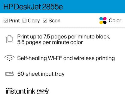 Deskjet 2855E Wireless All-In-One Color Inkjet Printer, Scanner, Copier, Best-For-Home, 3 Months of Instant Ink Included (588S5A)