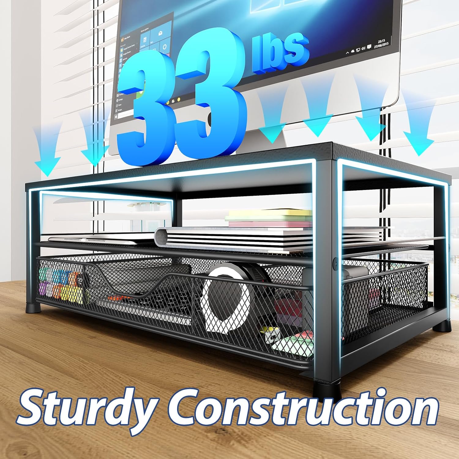 Dual-Tier Monitor Stand with Drawer & 2 Pen Holders 